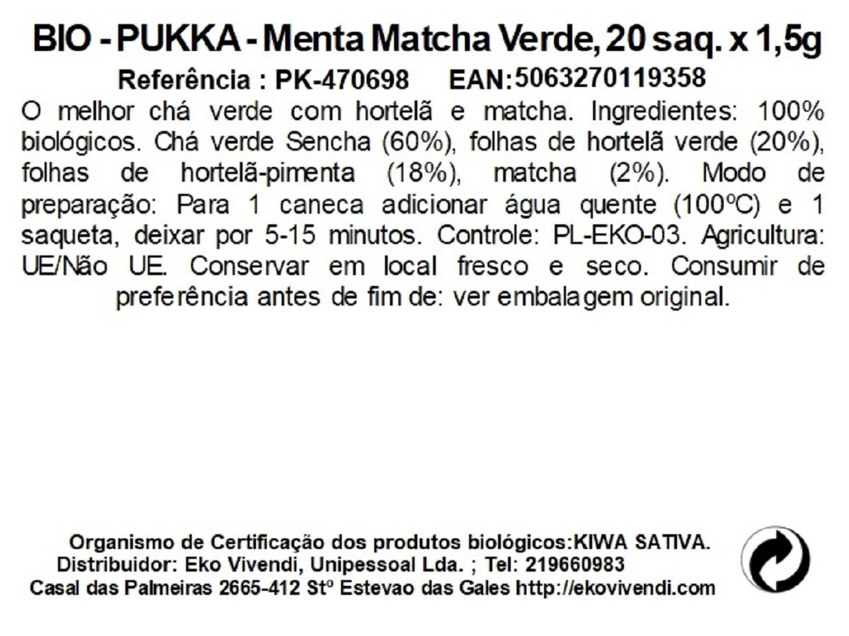 CH&Aacute; BIO PUKKA MATCHA MENTA 20 SAQ image number 1