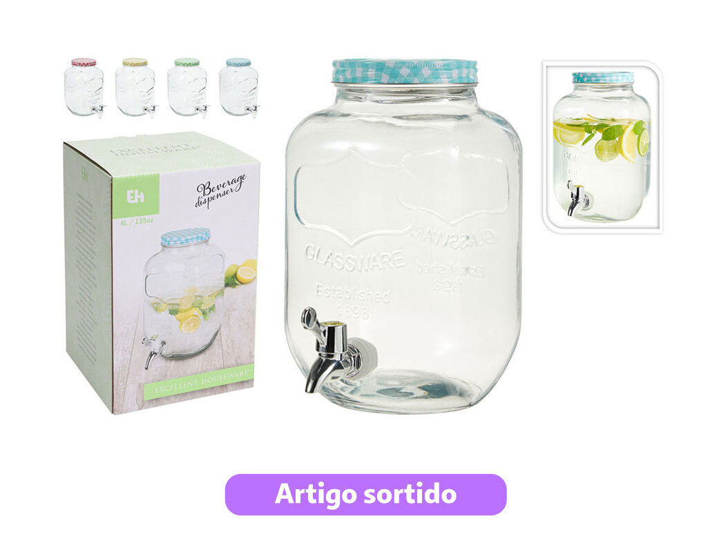 DISPENSADOR BEBIDAS EH VIDRO 4L CORES SORTIDAS