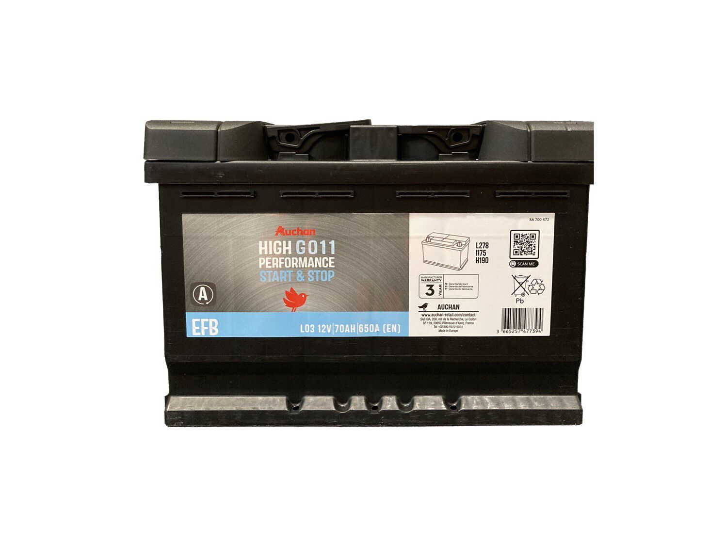 BATERIA AUTO AUCHAN EFB S&S GO11 70AH/650A