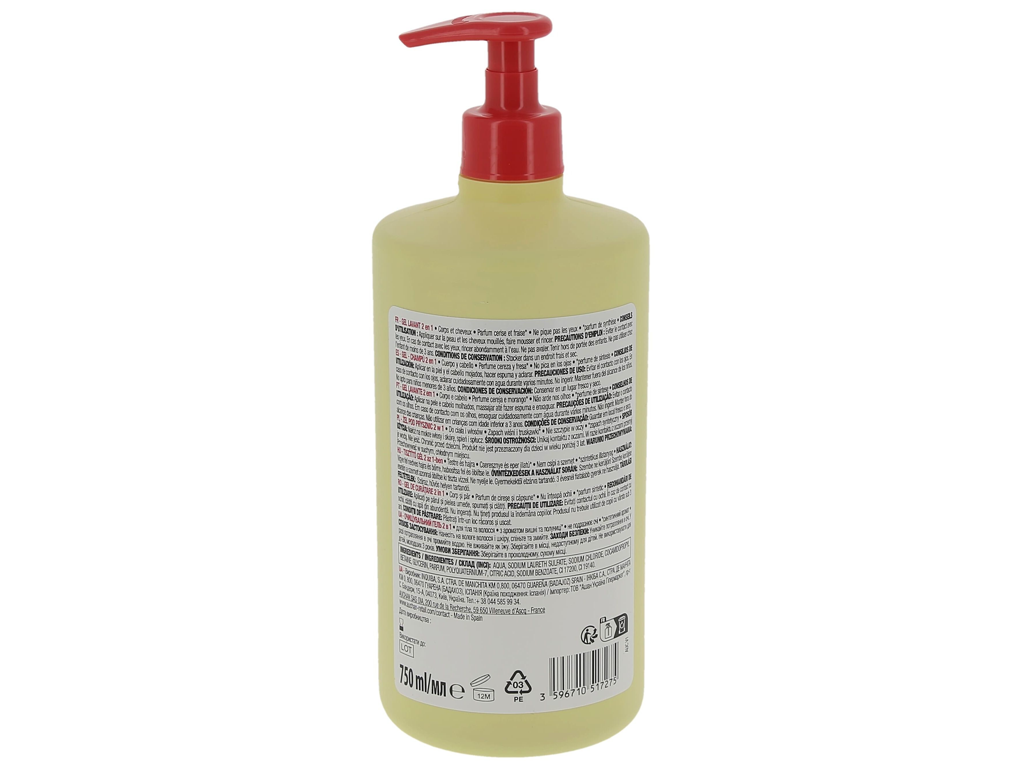 GEL BANHO PUMP AUCHAN KIDS 2EM1 CORPO E CABELO CEREJA MORANGO 750ML image number 1