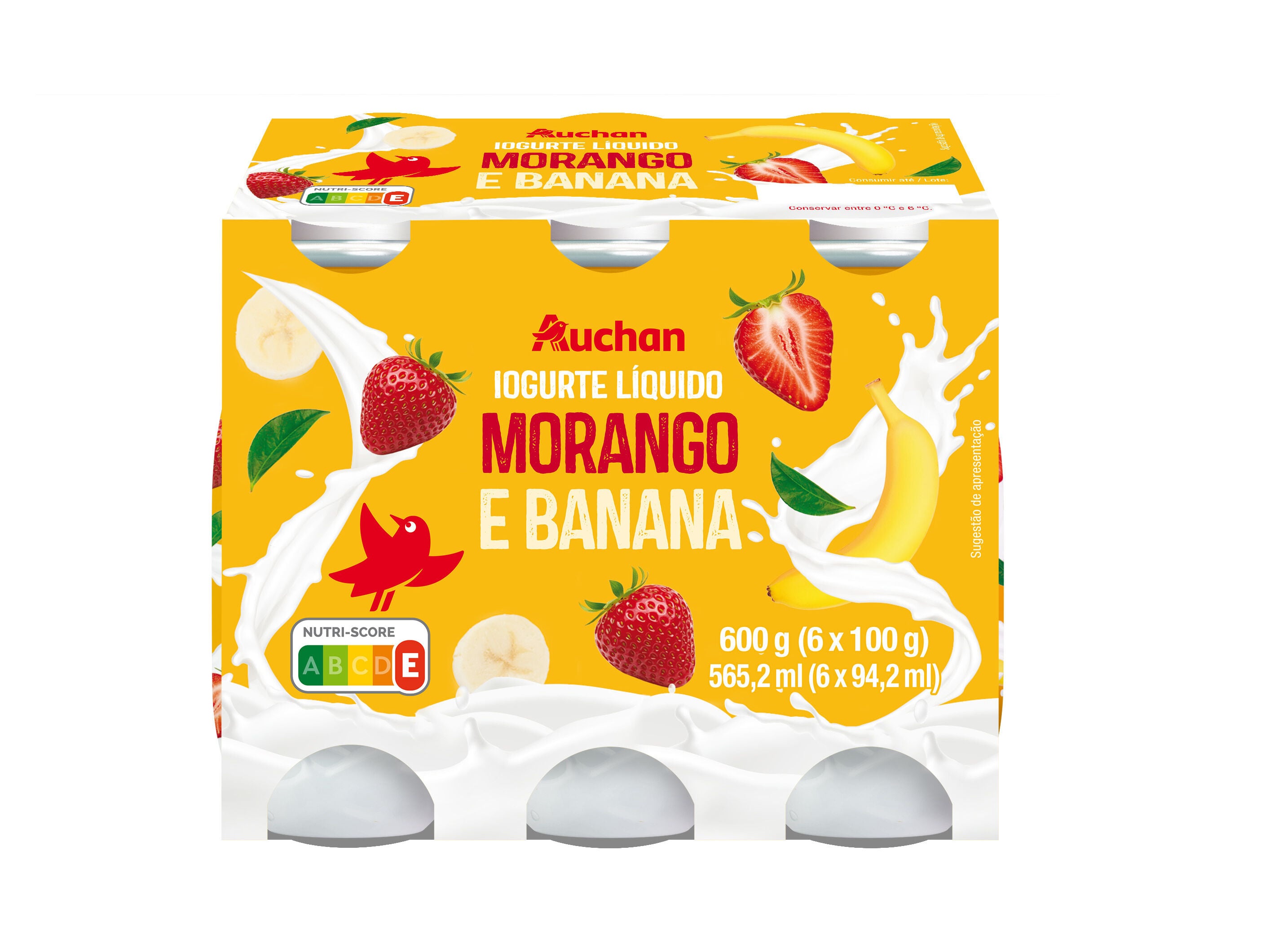 IOGURTE L&Iacute;QUIDO AUCHAN MORANGO E BANANA 6X100G image number 0