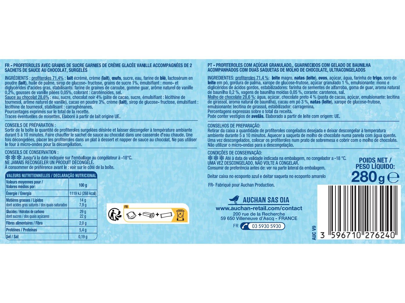 PROFITEROLES AUCHAN RECHEIO GELADO DE BAUNILHA E MOLHO CHOCOLATE 12UN 280G image number 2