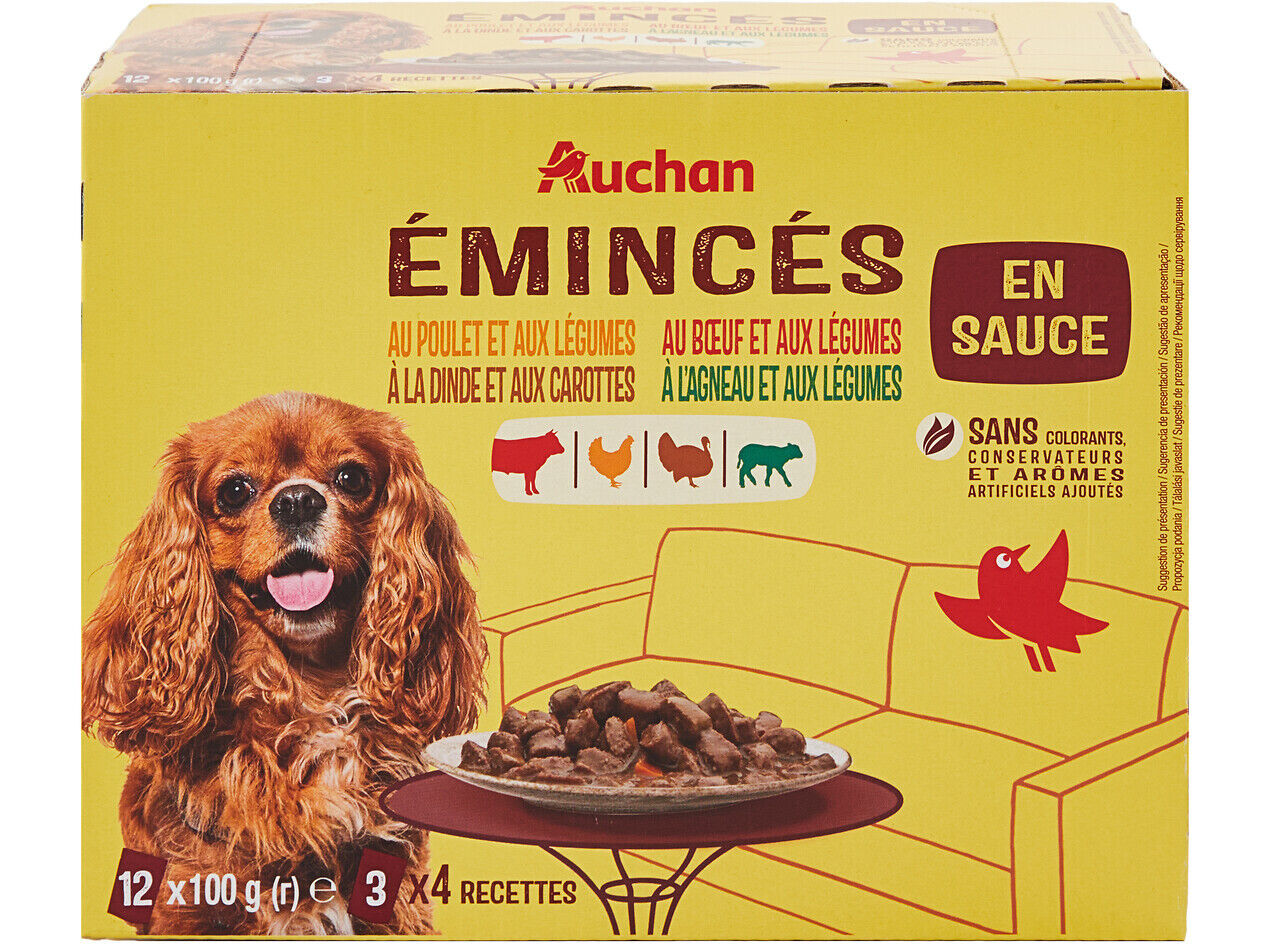 COMIDA H&Uacute;MIDA PARA C&Atilde;O AUCHAN SAQUETAS PEDA&Ccedil;OS EM MOLHO CARNES 12X100G