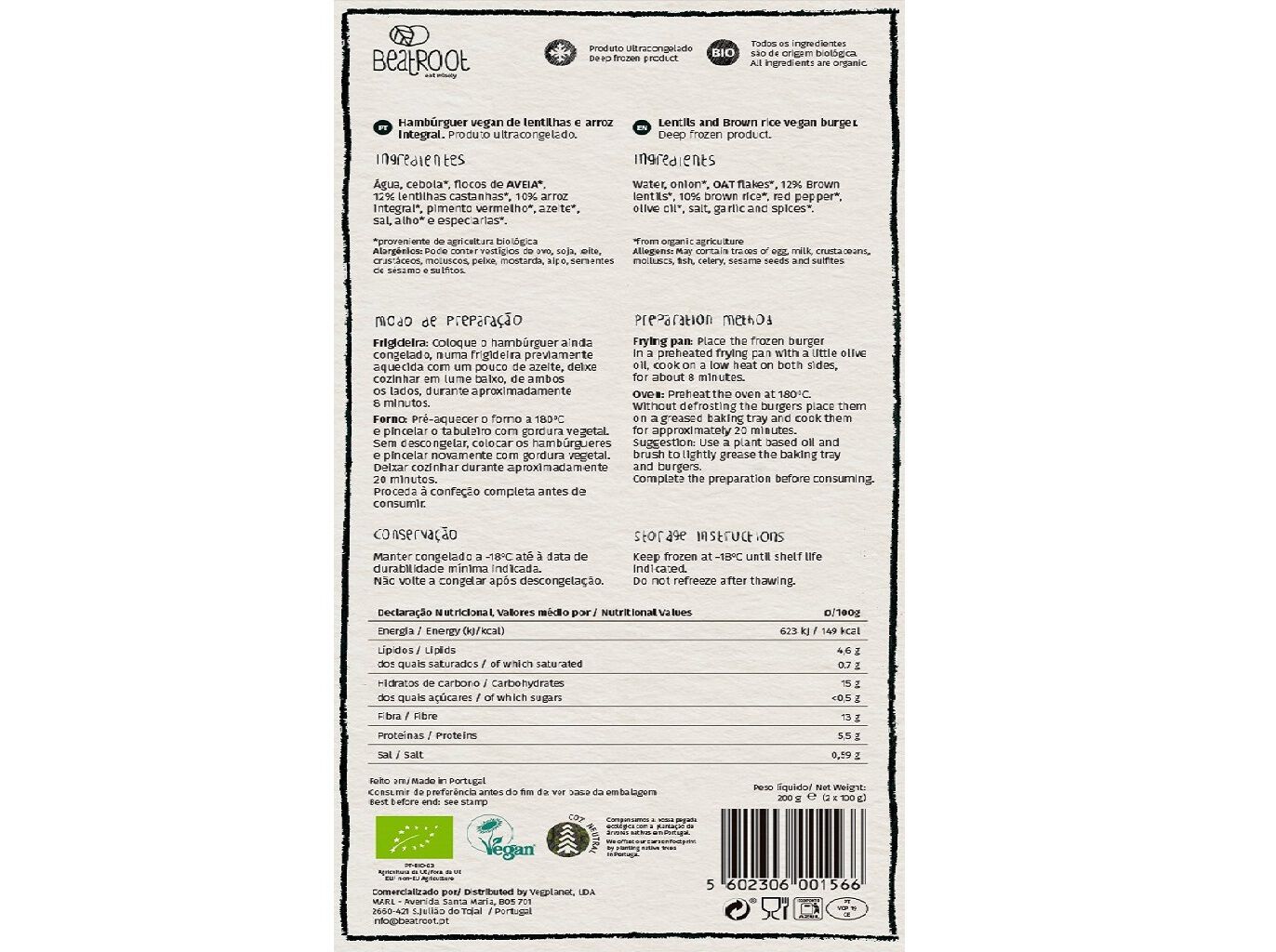 HAMB&Uacute;RGUER LENTILHAS BEATROOT ARROZ INTEGRAL BIO 200 G image number 1