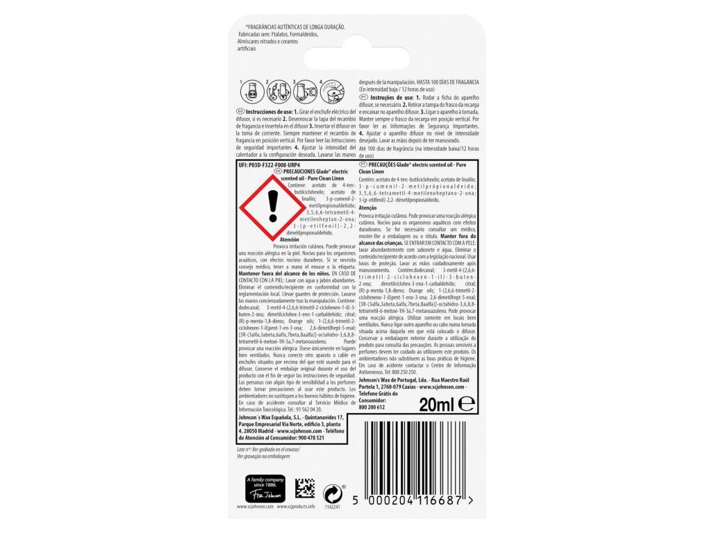 AMBIENTADOR GLADE EL&Eacute;CTRICO RECARGA CLEAN LINEN 20ML image number 1