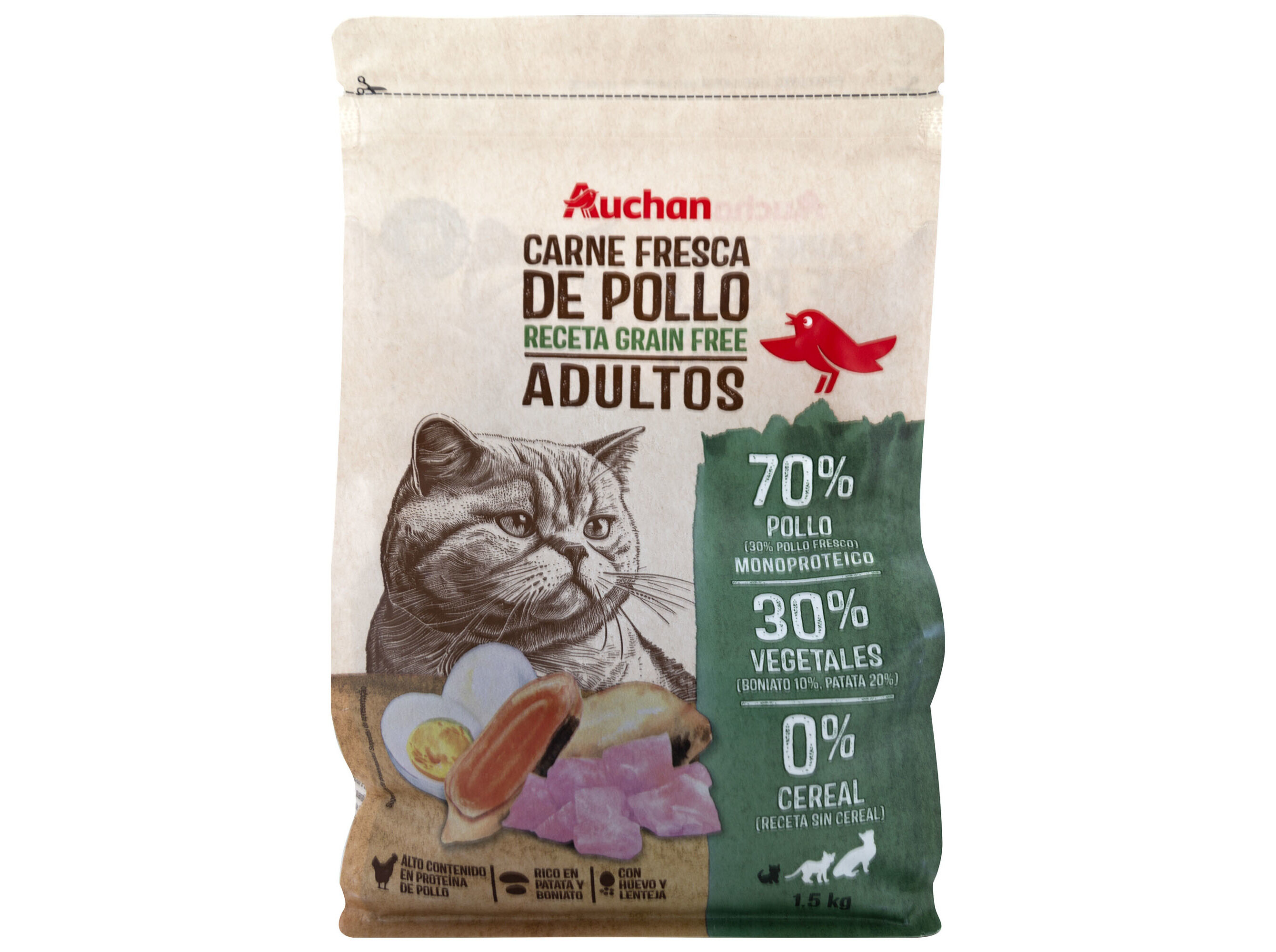 RA&Ccedil;&Atilde;O PARA GATO AUCHAN GRAIN FREE FRANGO FRESCO 1.5KG image number 0