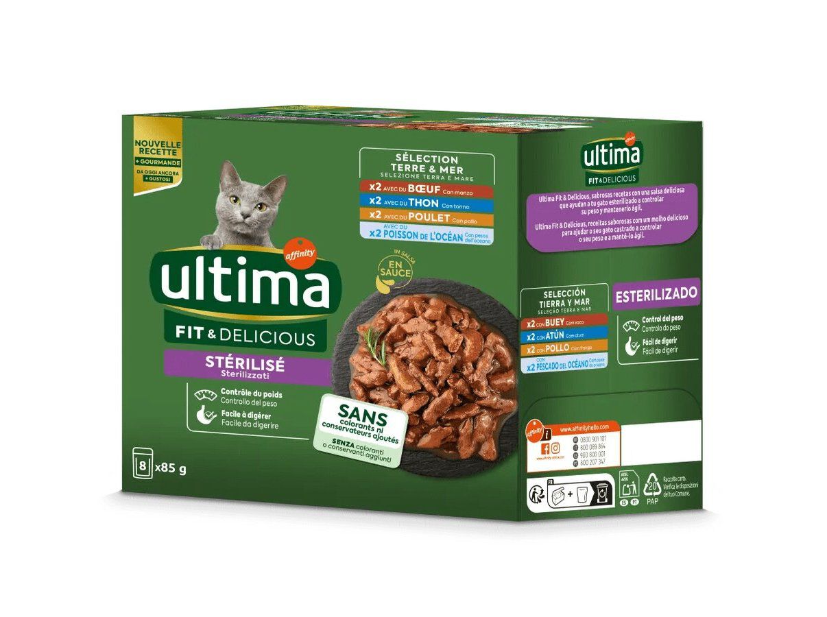 COMIDA H&Uacute;MIDA GATO ULTIMA ESTERILIZADO FRANGO/VACA/ATUM/PESCADA 8X85G image number 0