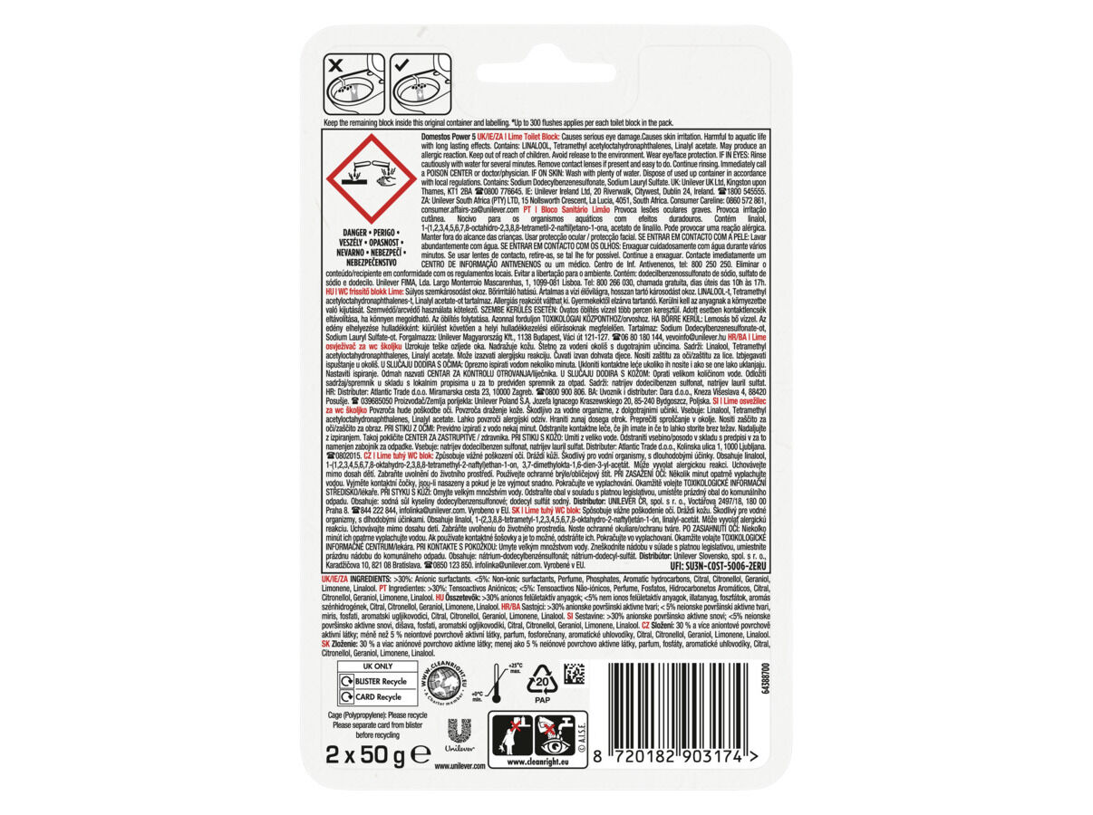 BLOCO DOMESTOS SANIT&Aacute;RIO POWER 5 DUO PACK LIME 110G image number 1