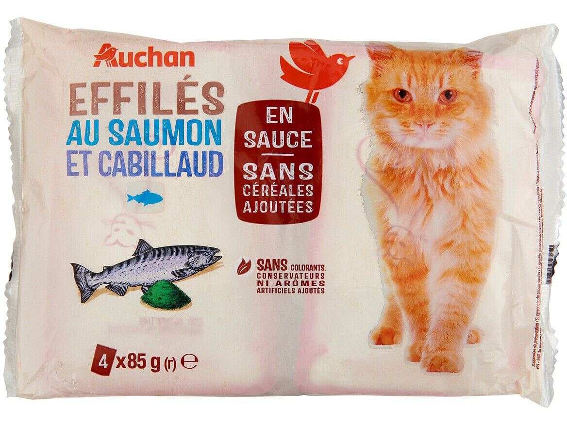COMIDA H&Uacute;MIDA PARA GATO AUCHAN NATURAL SAQUETAS PEIXE SEM CEREAIS ADICIONADOS 4X85G image number 0