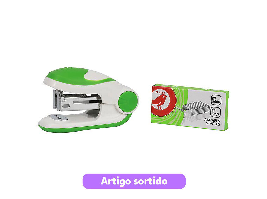 CONJUNTO DE MINI AGRAFADOR 24/6-26/6 AUCHAN E CAIXA COM 400 AGRAFOS CORES SORTIDAS image number 1