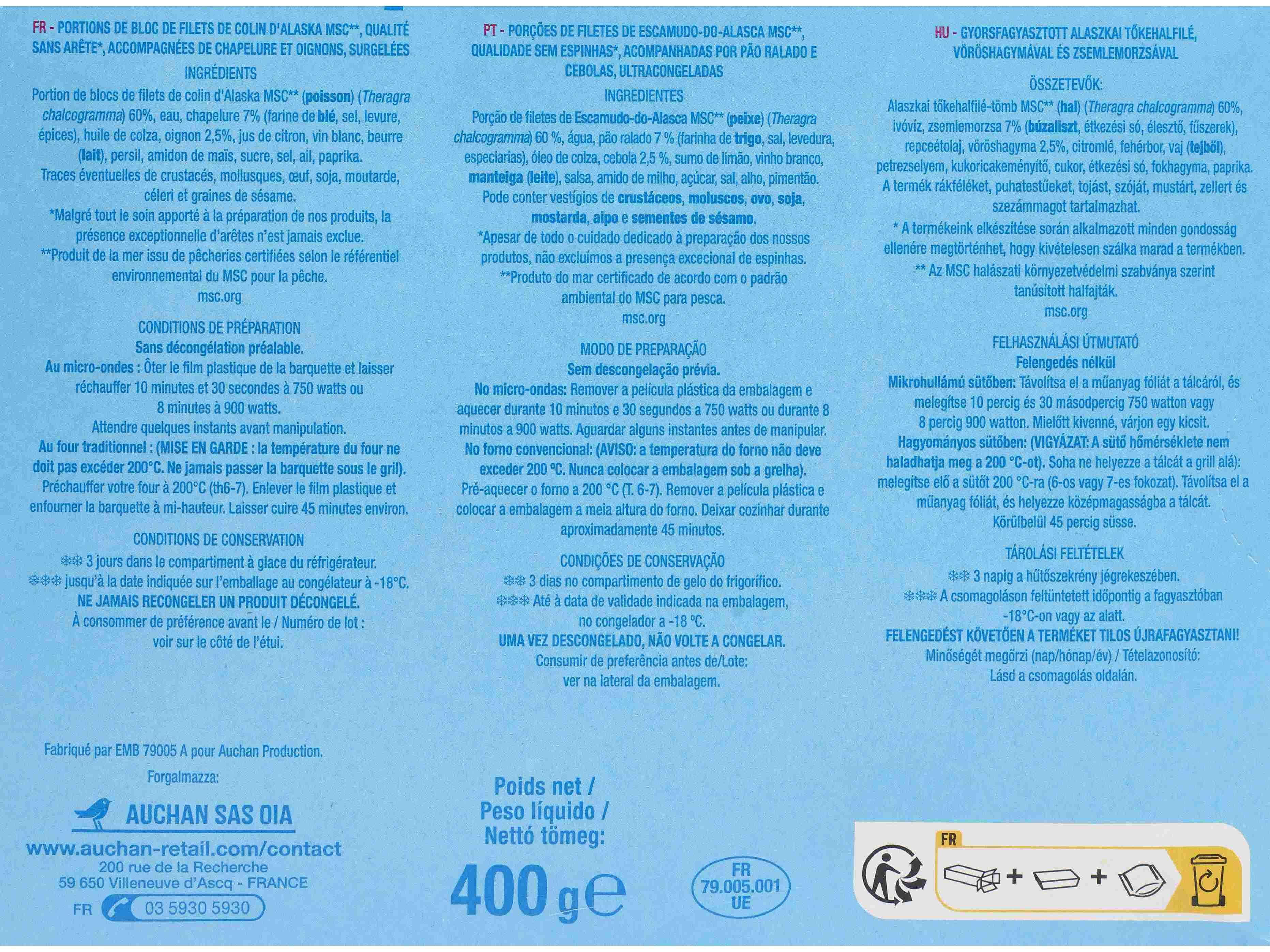 FILETES ESCAMUDO-DO-ALASCA AUCHAN MOLHO BORDELAISE 2UN 400G image number 2