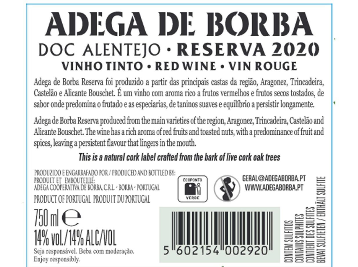 CONJUNTO VINHO ADEGA BORBA RESERVA ALENTEJO 2X0.75L image number 1