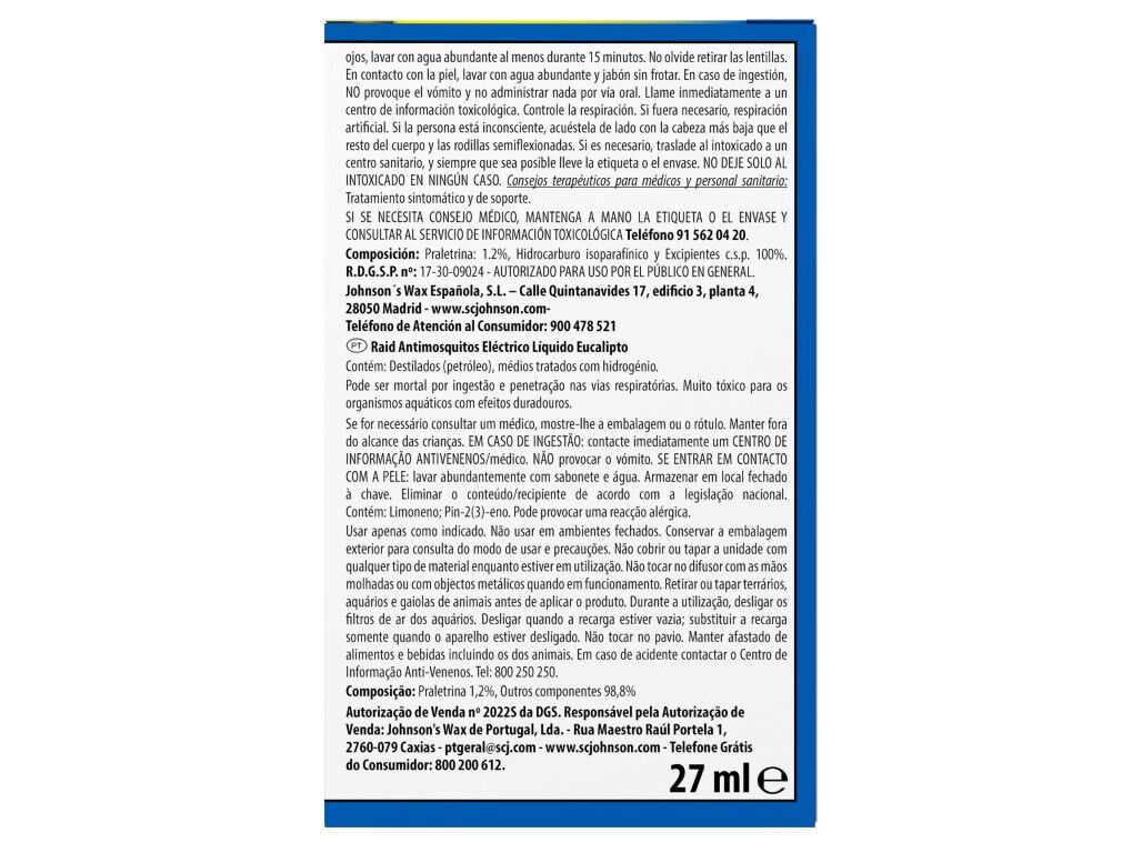 INSECTICIDA EL&Eacute;CTRICO RECARGA RAID EUCALIPTO 27ML image number 1