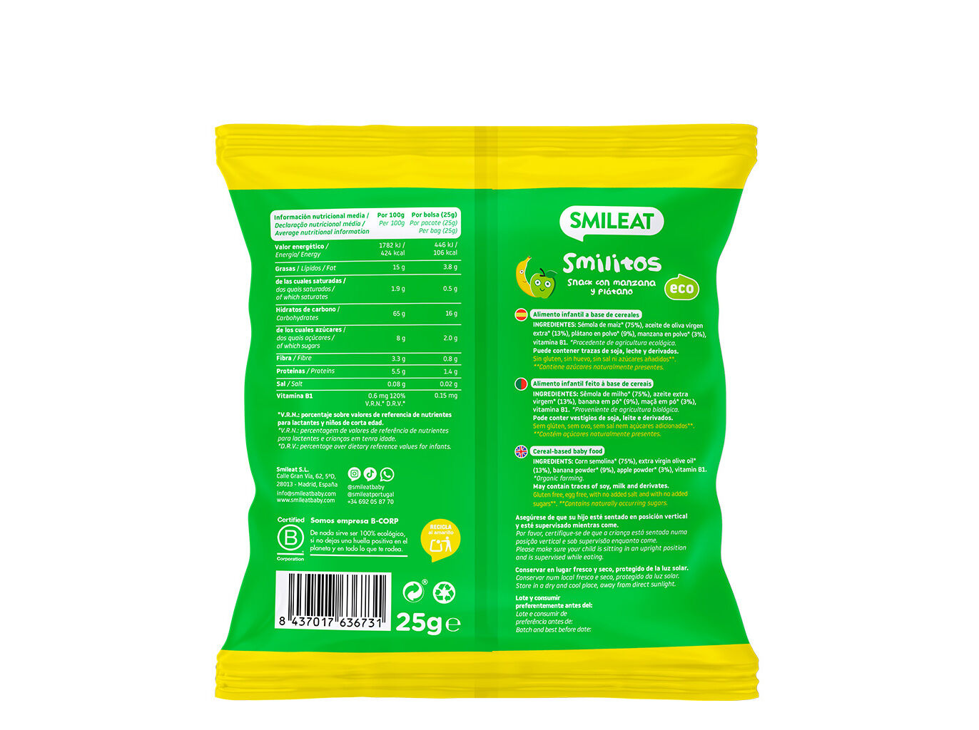 SNACKS SMILEAT BIO MA&Ccedil;A E BANANA 25G image number 1