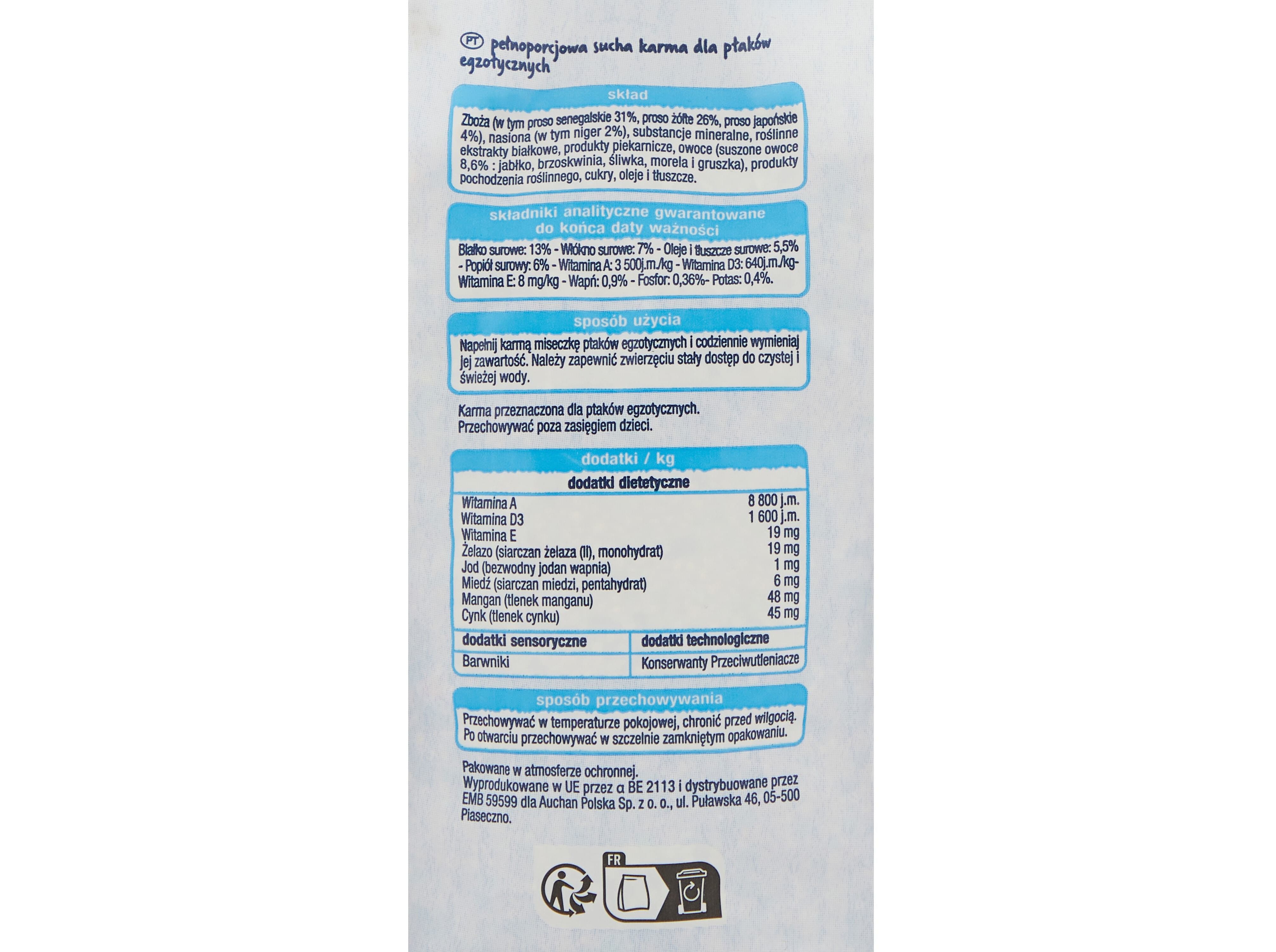 COMIDA PARA P&Aacute;SSAROS EX&Oacute;TICOS AUCHAN MENU COMPLETO 800G image number 3