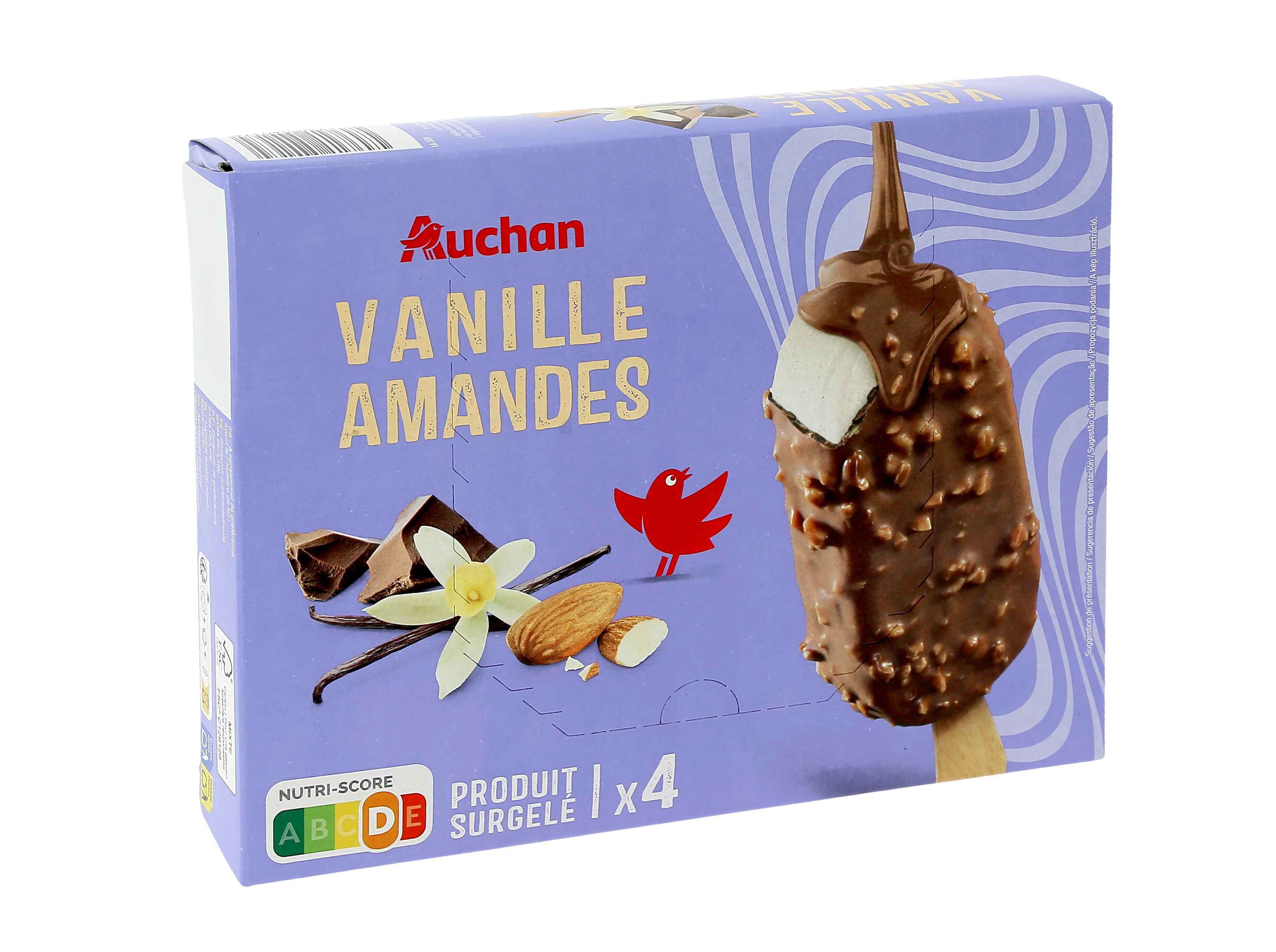 GELADO PALITO AUCHAN BAUNILHA AM&Ecirc;NDOAS 4X120ML image number 1