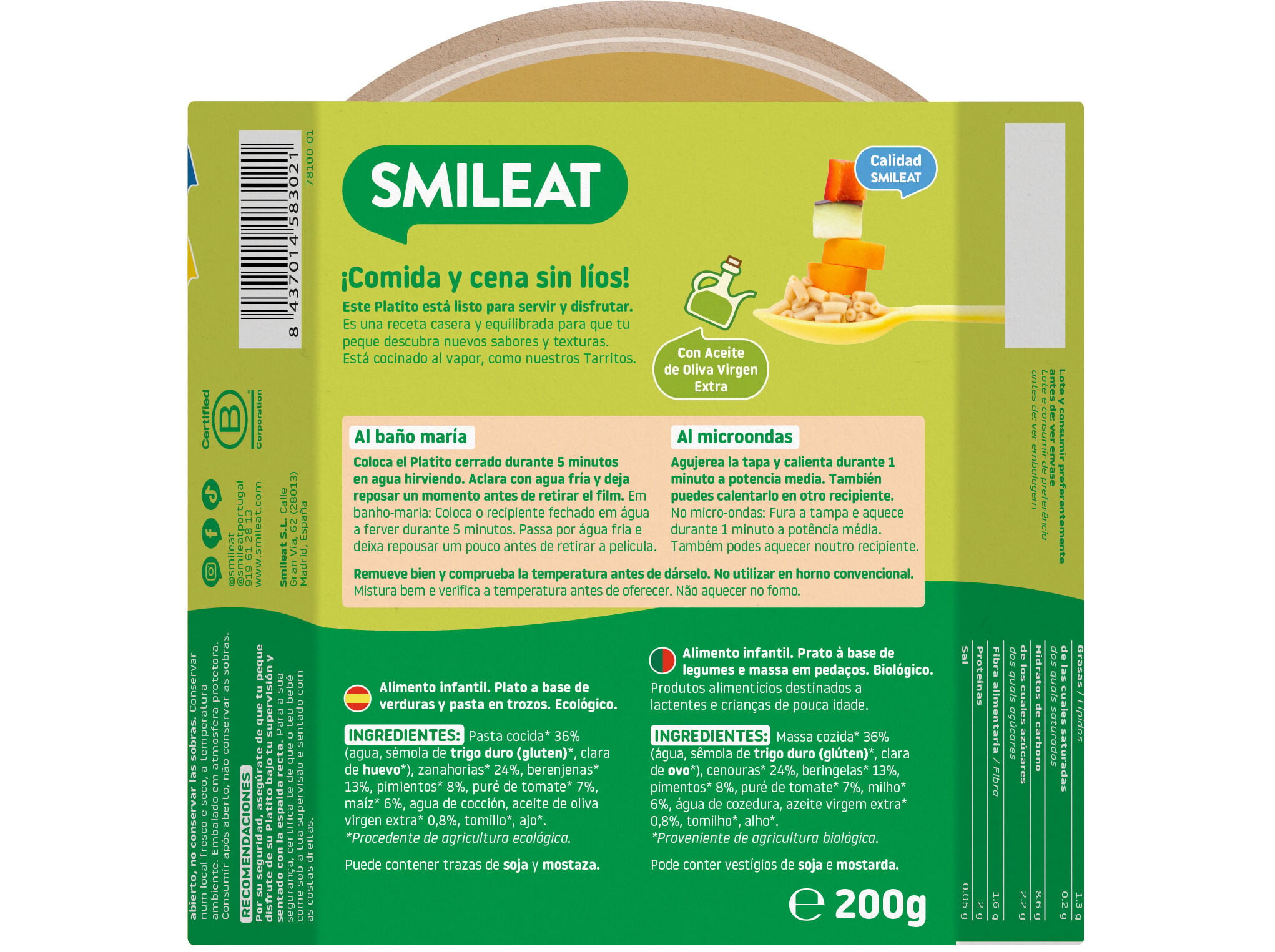 REFEI&Ccedil;&Otilde;ES SMILEAT MASSA LEGUMES DA HORTA BIO 190G image number 1