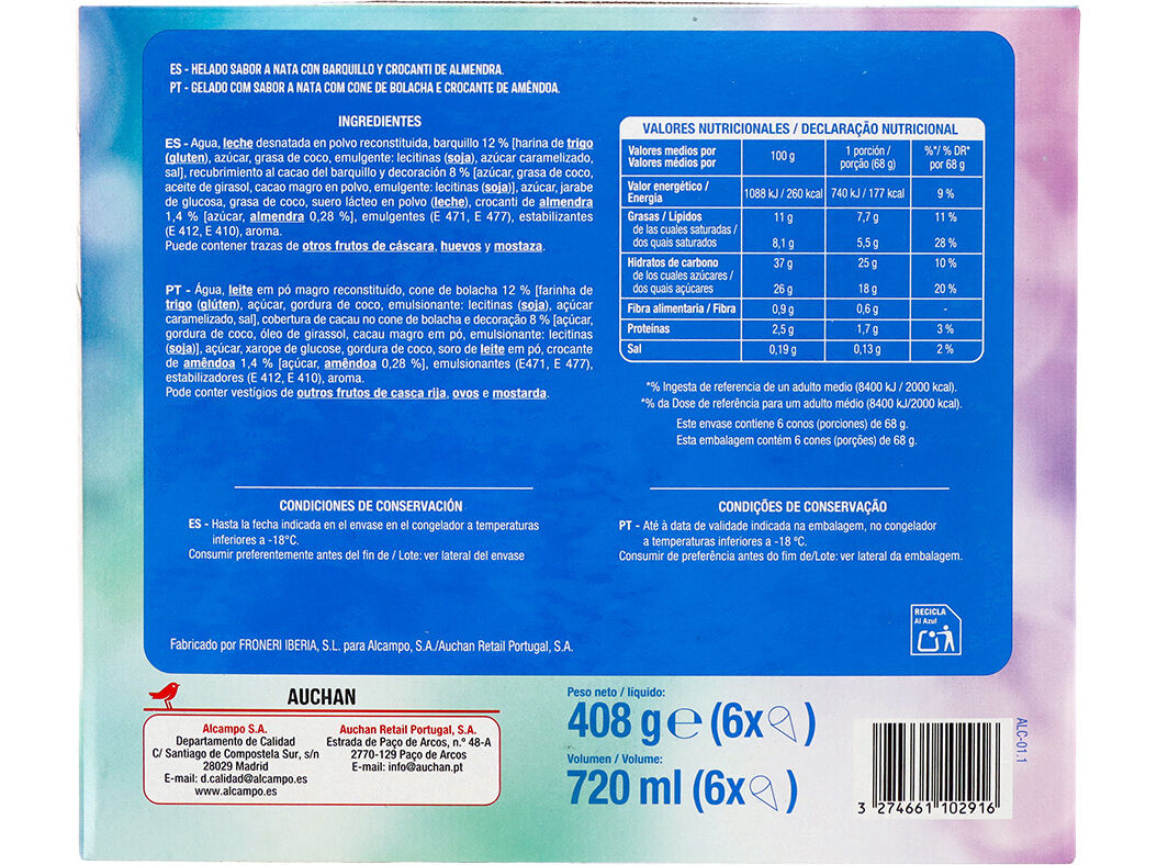 GELADO AUCHAN CONE NATA 6X120ML image number 1