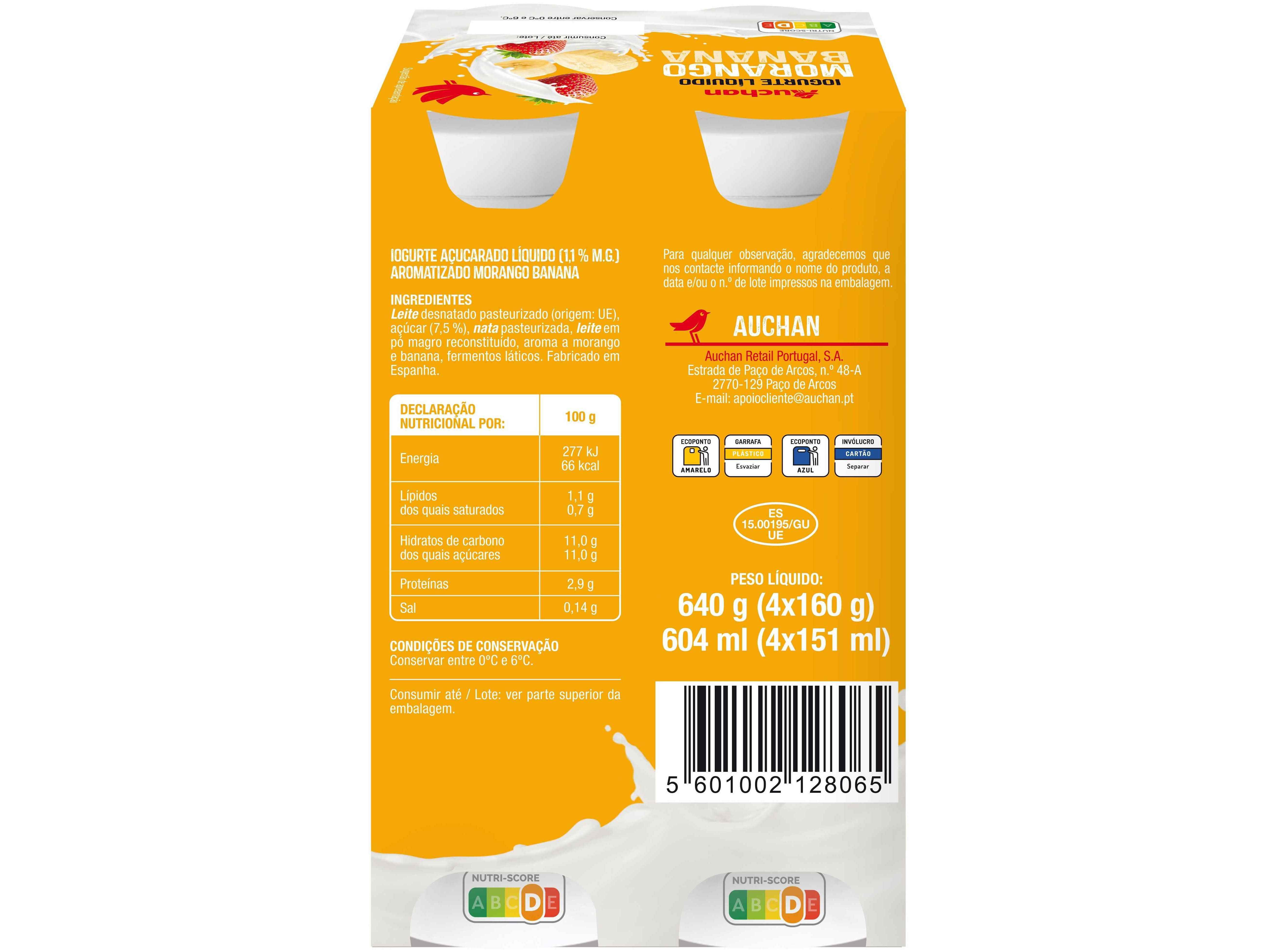 IOGURTE L&Iacute;QUIDO AUCHAN MORANGO E BANANA 4X160G image number 1