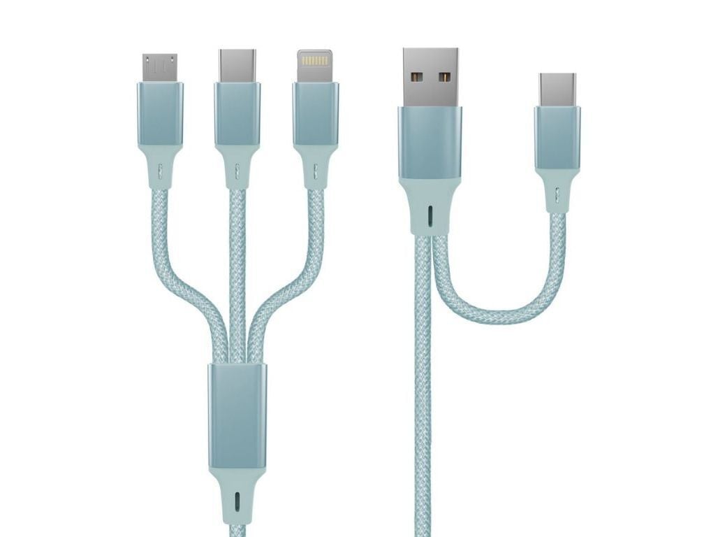 CABO TEXTIL QILIVE USB-C PARA LIGHTNING / MICRO USB / USB-C 1.2M AZUL