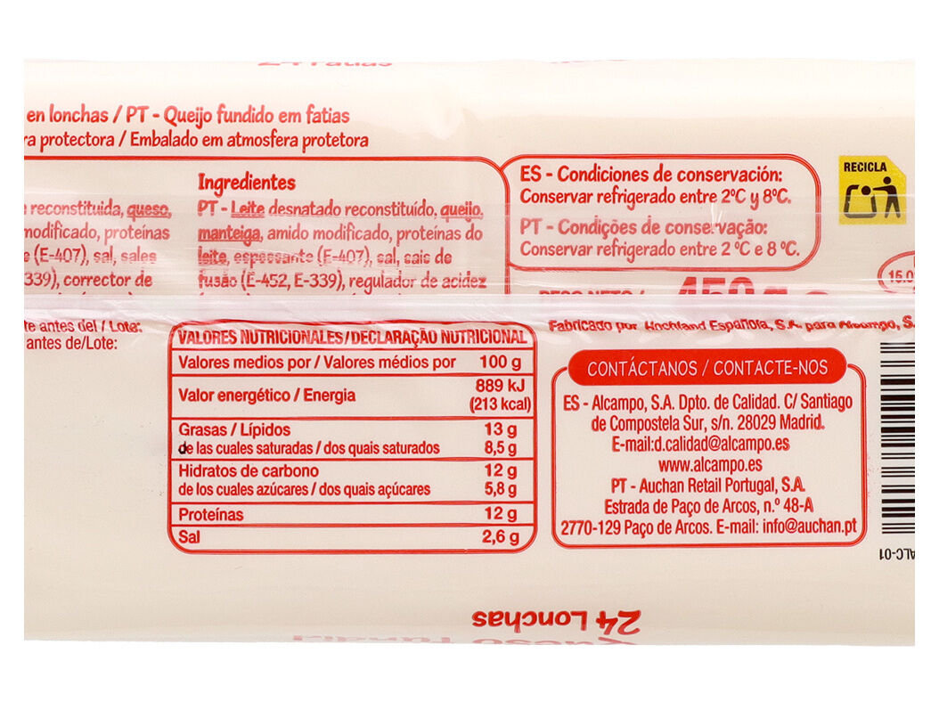 QUEIJO FUNDIDO AUCHAN ESSENCIAL FATIAS 450G image number 1