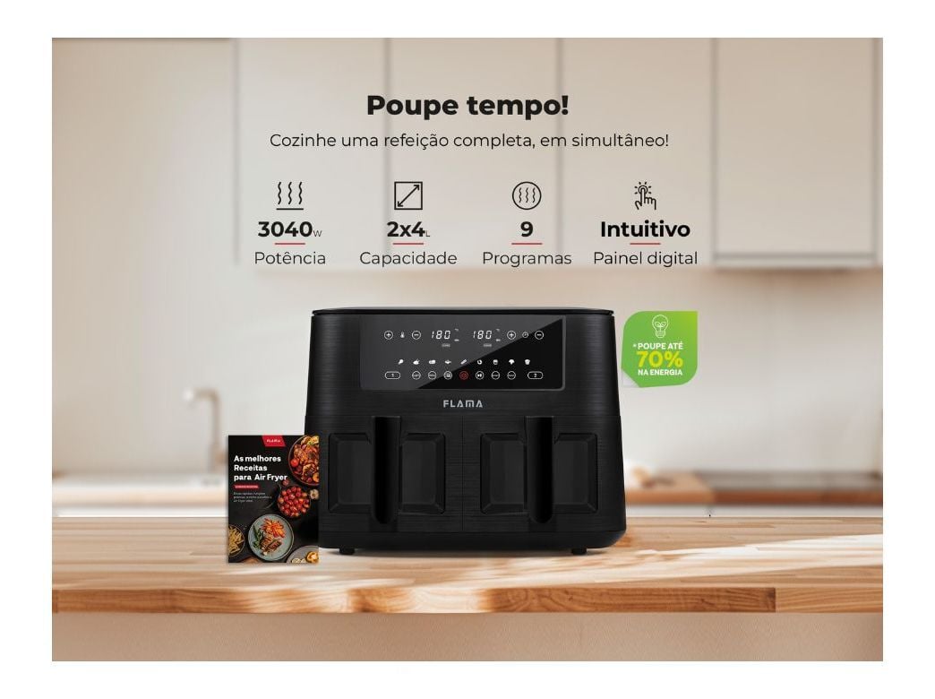 FRITADEIRA SEM &Oacute;LEO AIR FRYER FLAMA 698FL PRETA 2 CUBAS 8L image number 2