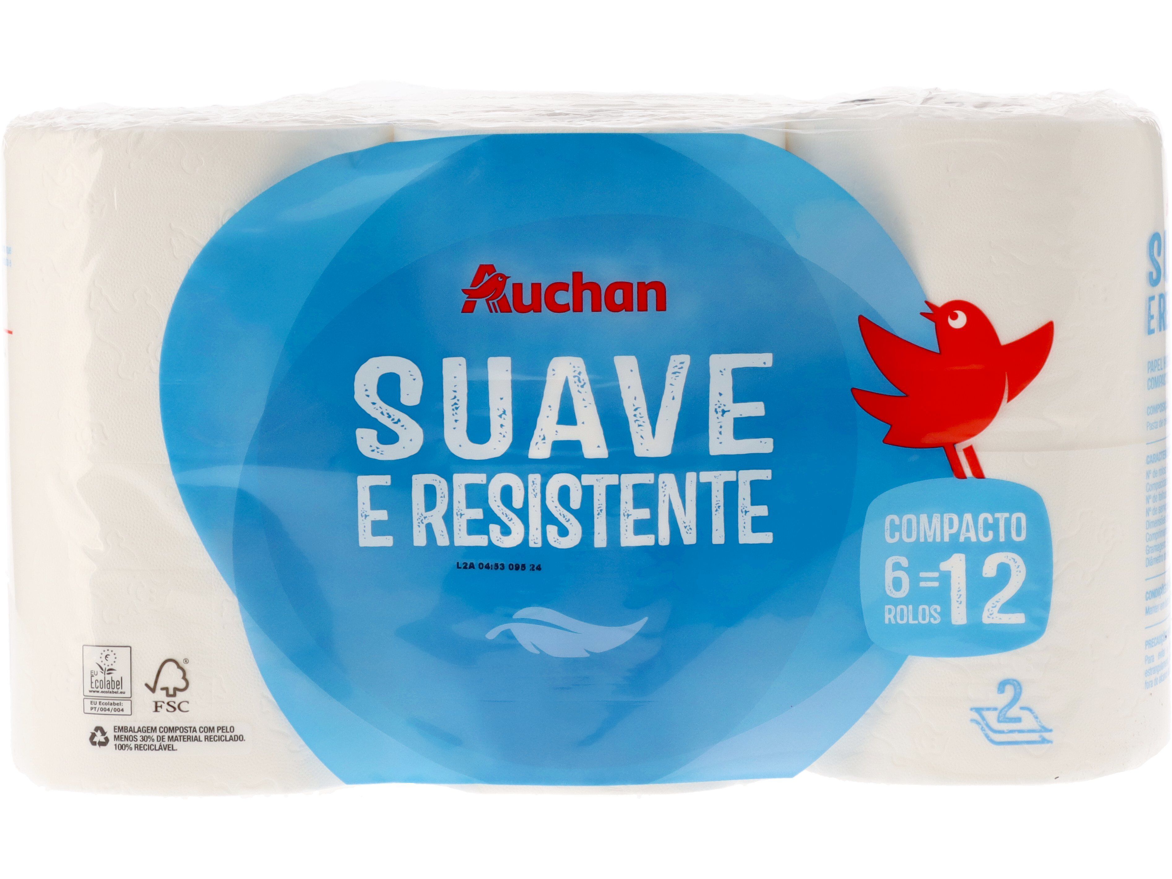 PAPEL HIGI&Eacute;NICO AUCHAN FOLHA DUPLA COMPACTO 6 ROLOS = 12 ROLOS