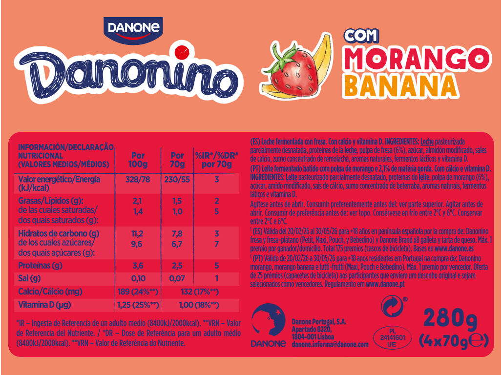 IOGURTE DANONINO P/LEVAR MORANGO 4X70 G image number 1