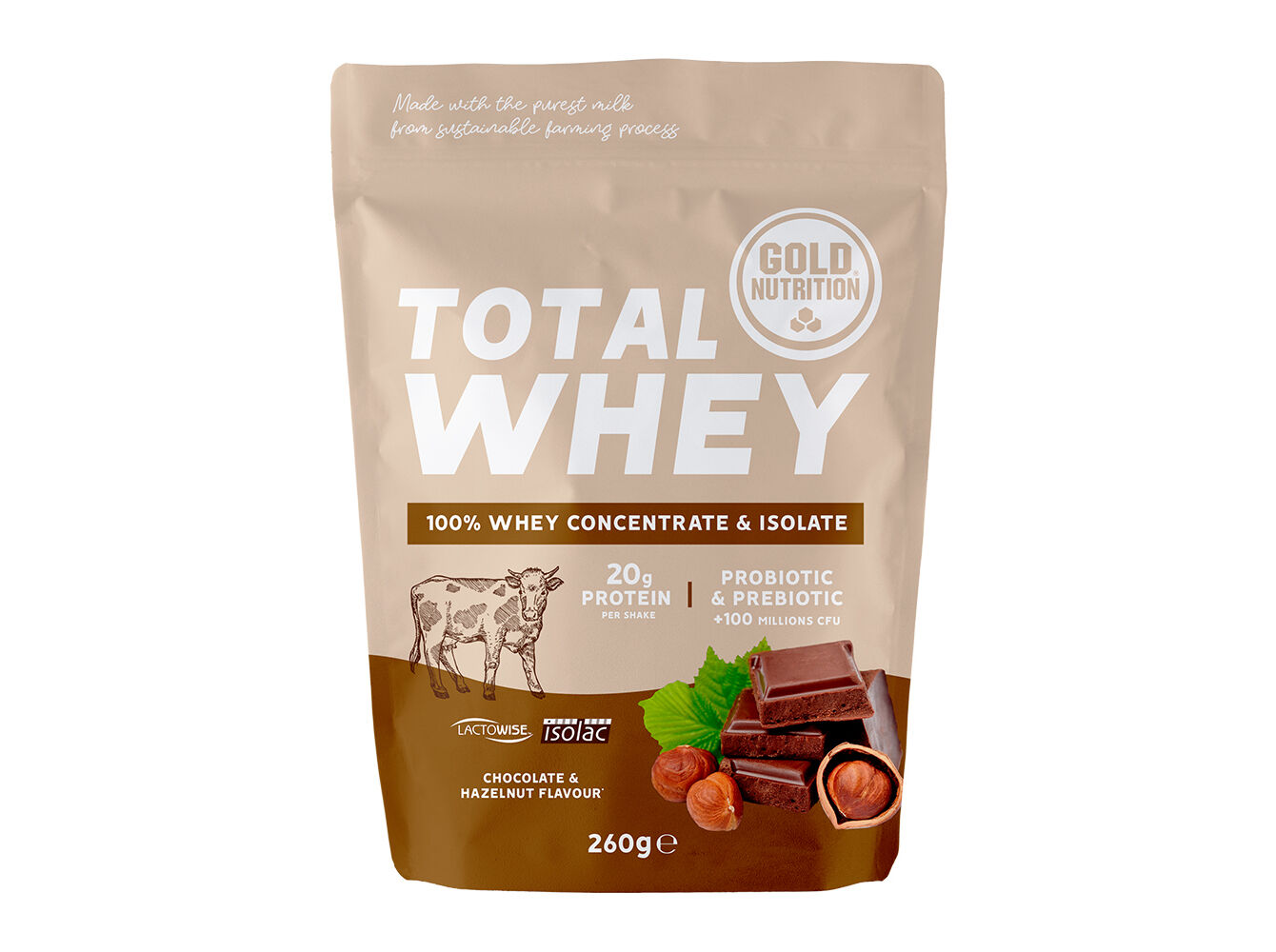 PROTE&Iacute;NA GOLDNUTRITION TOTAL WHEY CHOCOLATE AVEL&Atilde; 260G