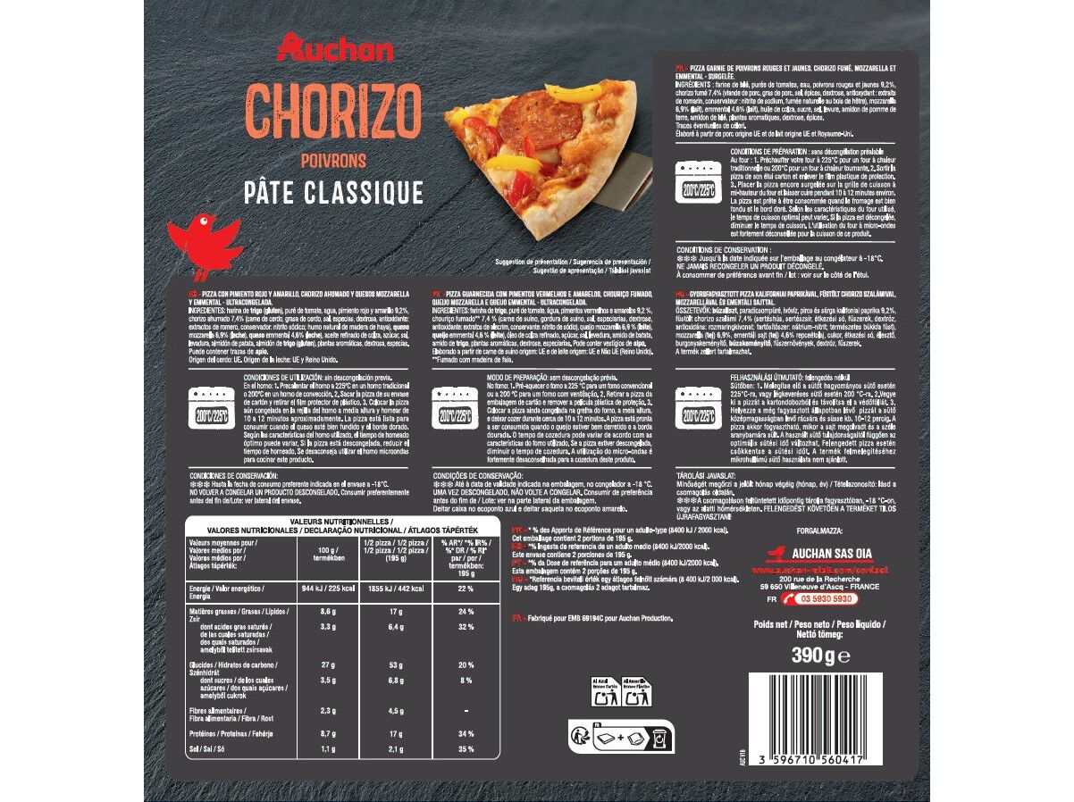 PIZZA AUCHAN MASSA CL&Aacute;SSICA CHOURI&Ccedil;O 390G image number 1
