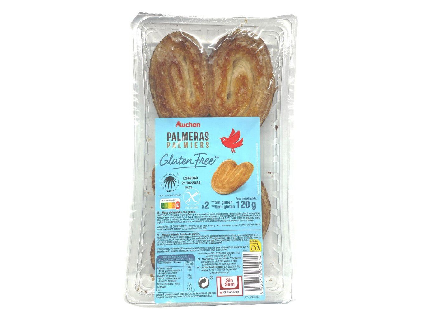 PALMIERS AUCHAN SEM GL&Uacute;TEN 2UN 120G image number 0