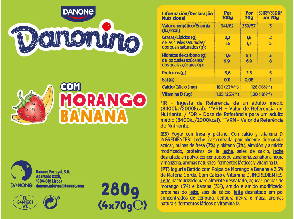 IOGURTE INFANTIL DANONINO PARA LEVAR MORANGO-BANANA 4X70G image number 1