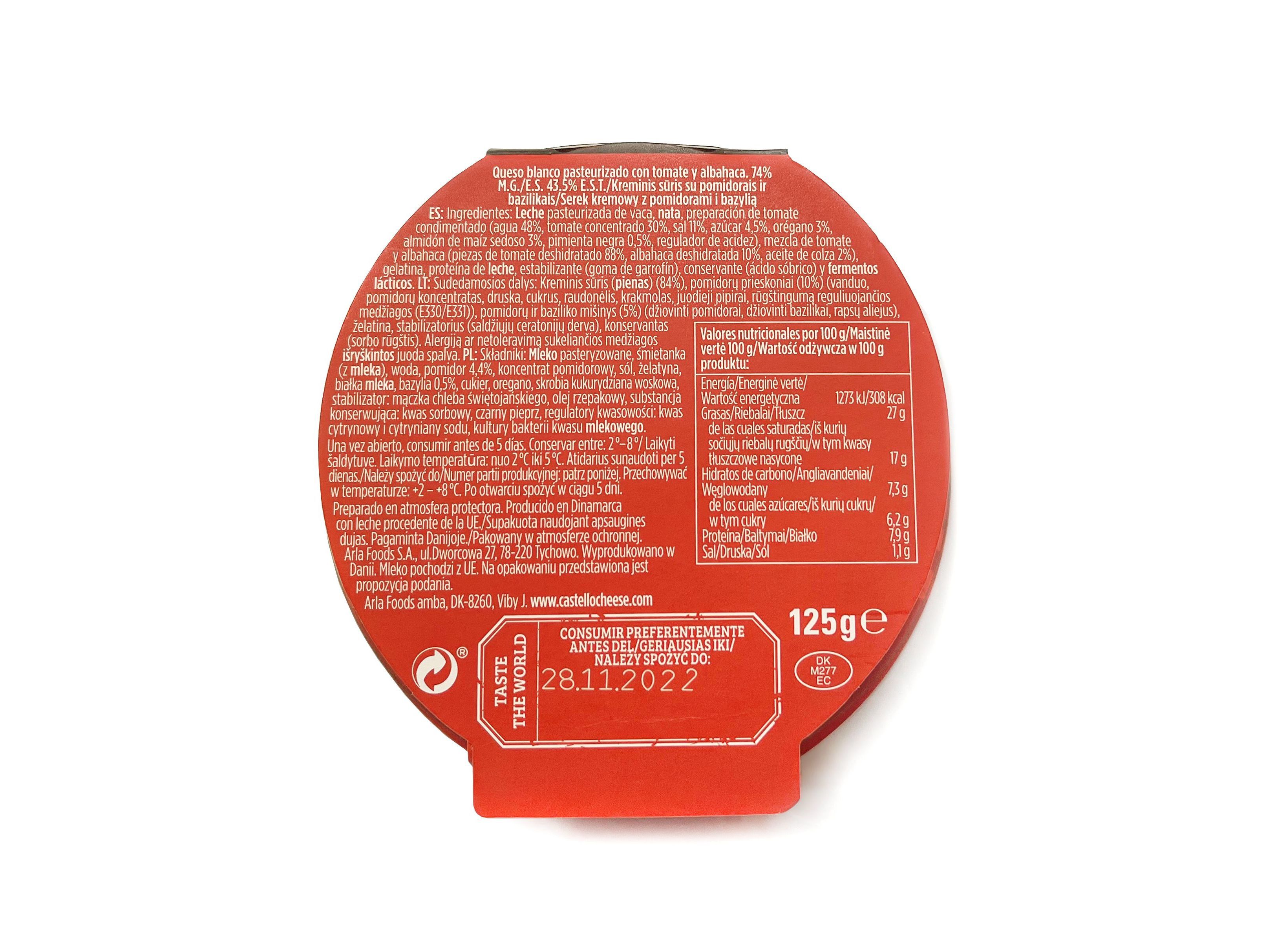 QUEIJO BARAR CASTELLO TOMATE E MANJERIC&Atilde;O 125GR image number 1
