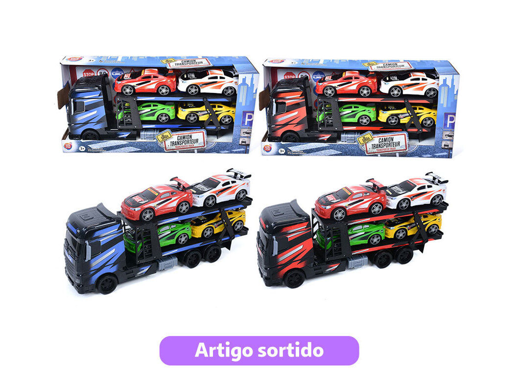 CAMI&Atilde;O COM ATRELADO ONE TWO FUN 1/18 COM 4 CARROS MODELOS SORTIDOS image number 0