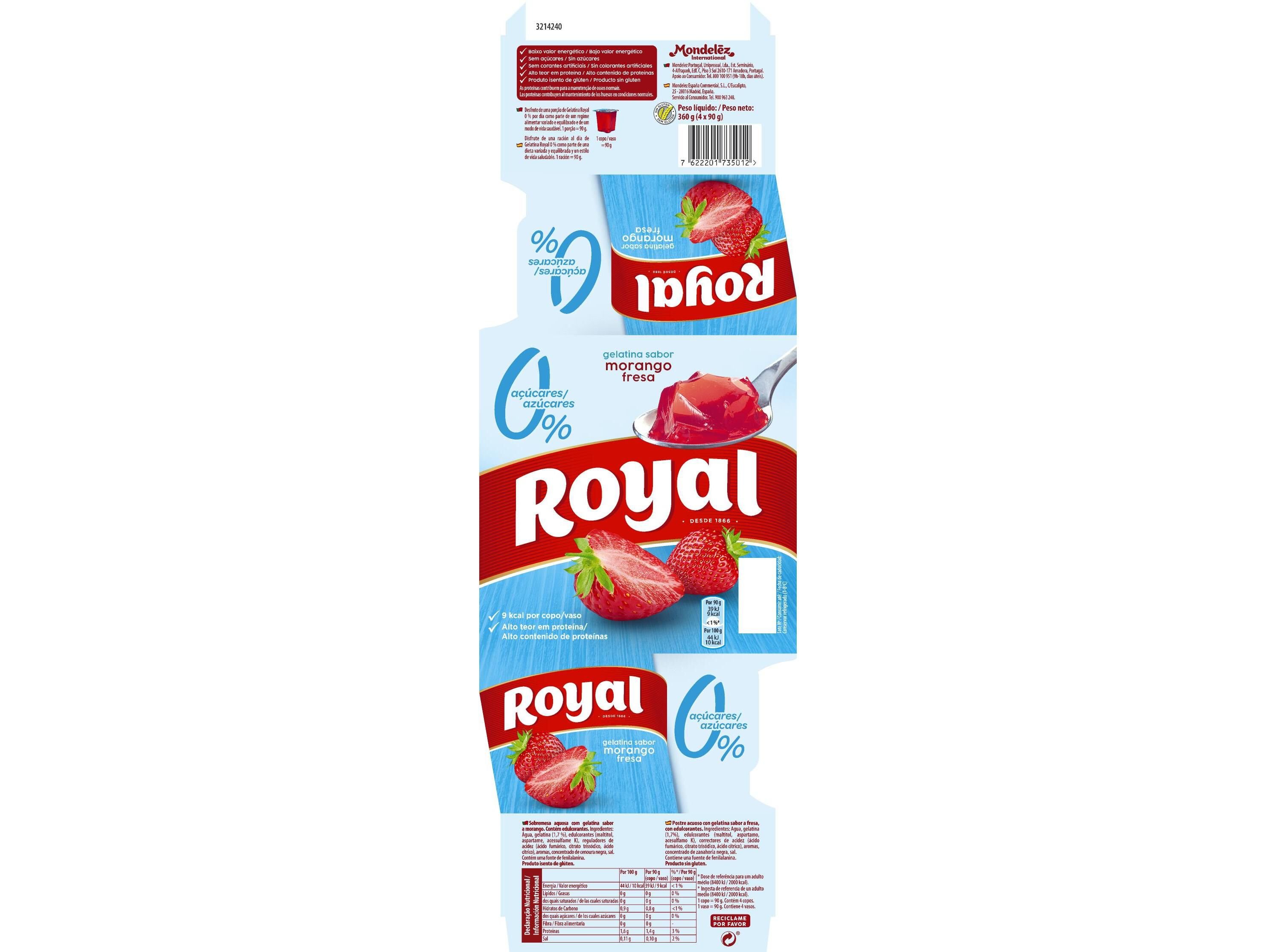 GELATINA ROYAL MORANGO 0% DE A&Ccedil;&Uacute;CAR 4X90 G