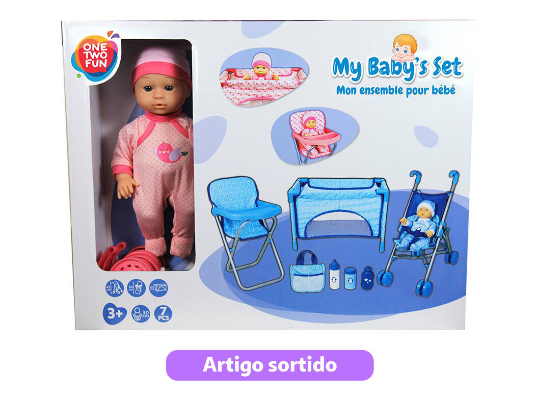 BONECO BEB&Eacute; COM CARRO CAMA CADEIRA E SACO ONE TWO FUN MODELOS SORTIDOS image number 2
