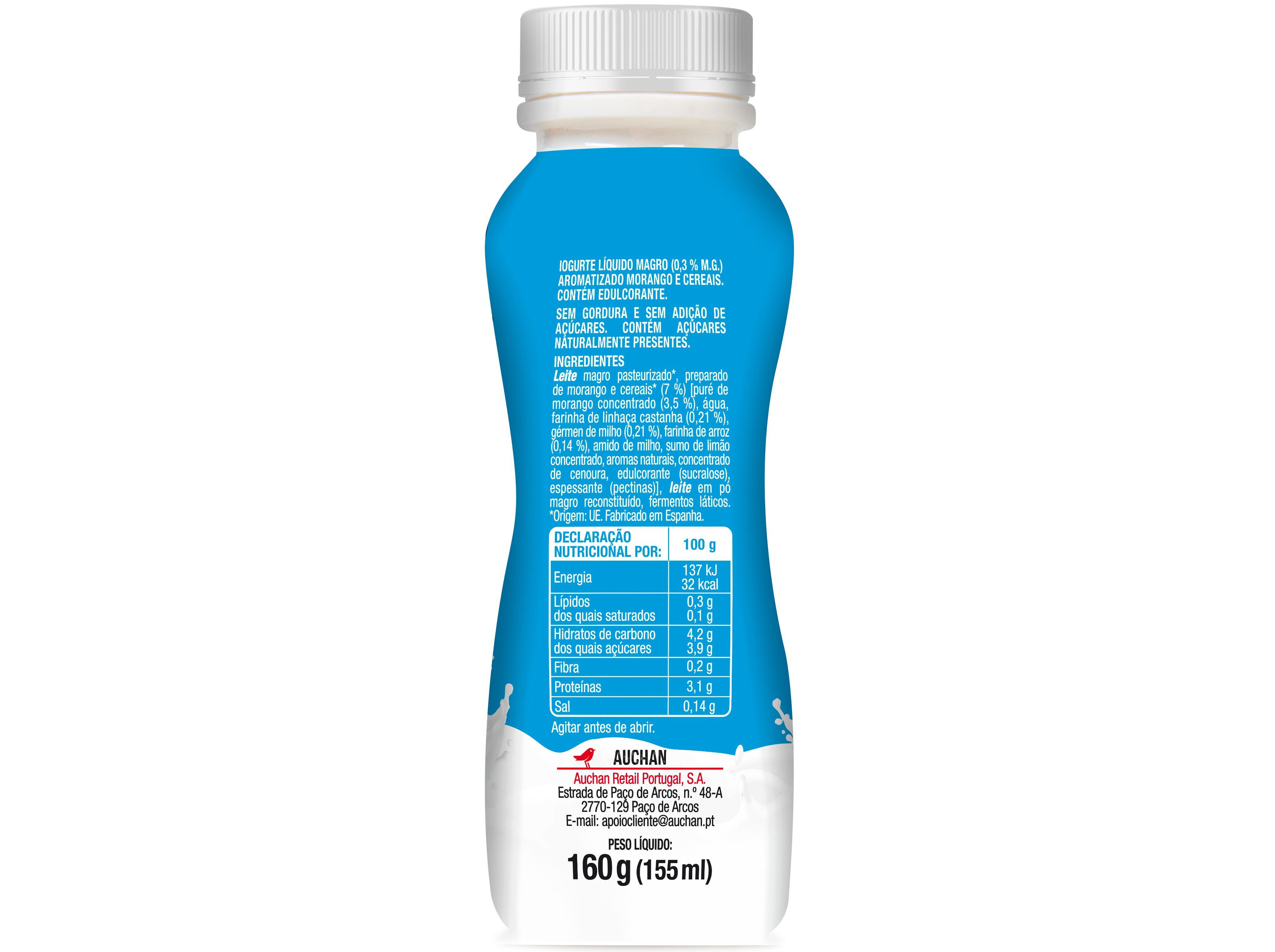 IOGURTE L&Iacute;QUIDO MAGRO AUCHAN MORANGO E CEREAIS 160G image number 1