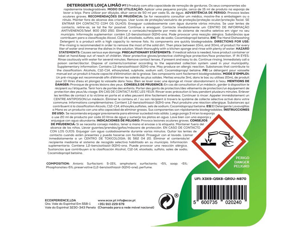 DETERGENTE LOI&Ccedil;A MANUAL ECOX LIM&Atilde;O 850ML image number 1