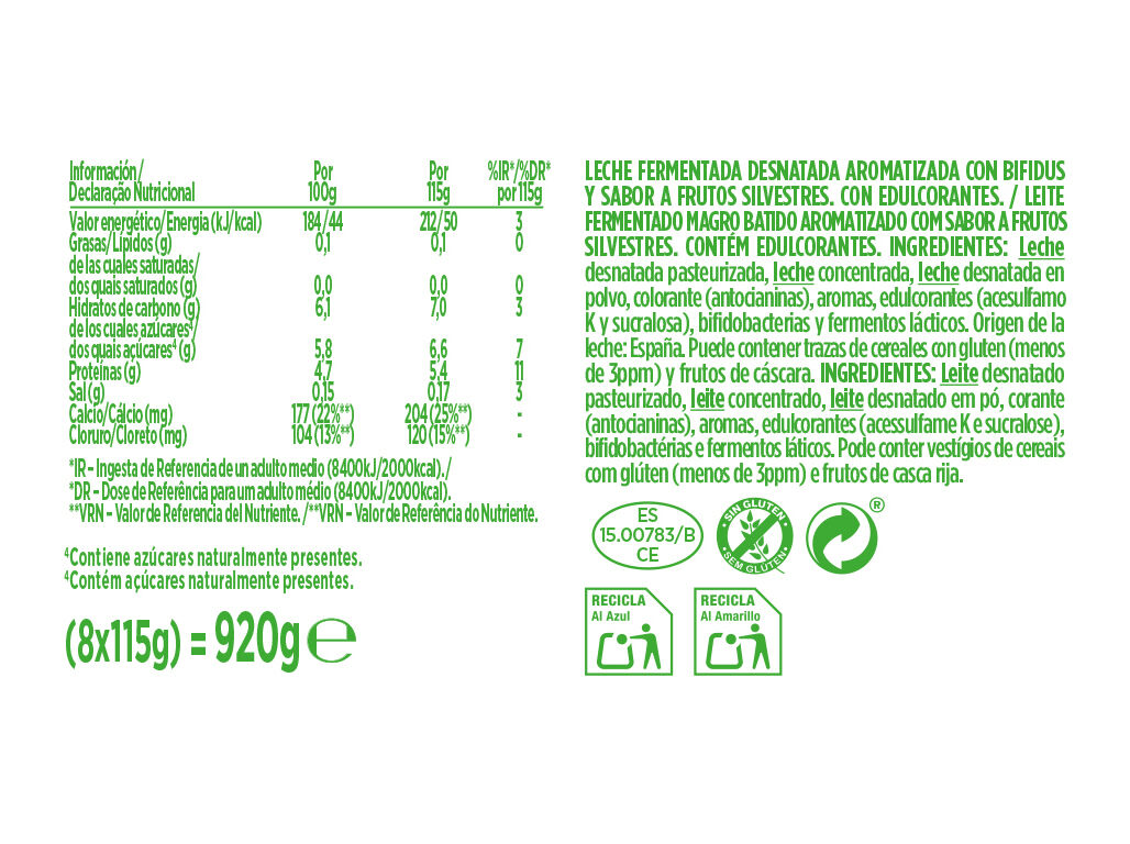 IOGURTE ACTIVIA BIFIDUS FRUTOS SILVESTRES 0% 8X115G image number 1