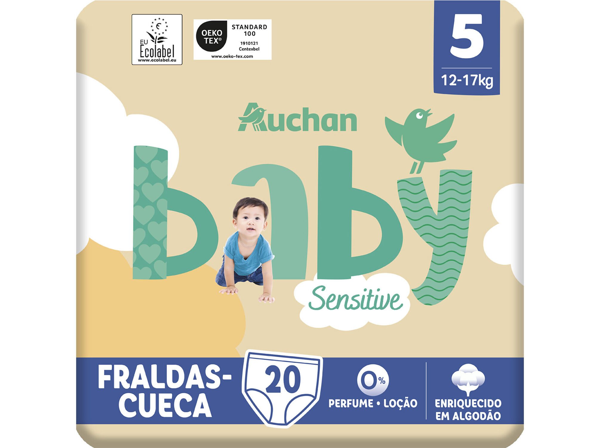 FRALDAS CUECA AUCHAN BABY SENSITIVE ECOL&Oacute;GICAS TAMANHO 5 12-17KG 20UN