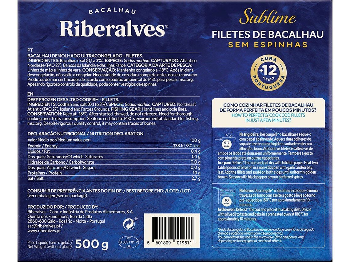 FILETES BACALHAU RIBERALVES SUBLIME 500G image number 1