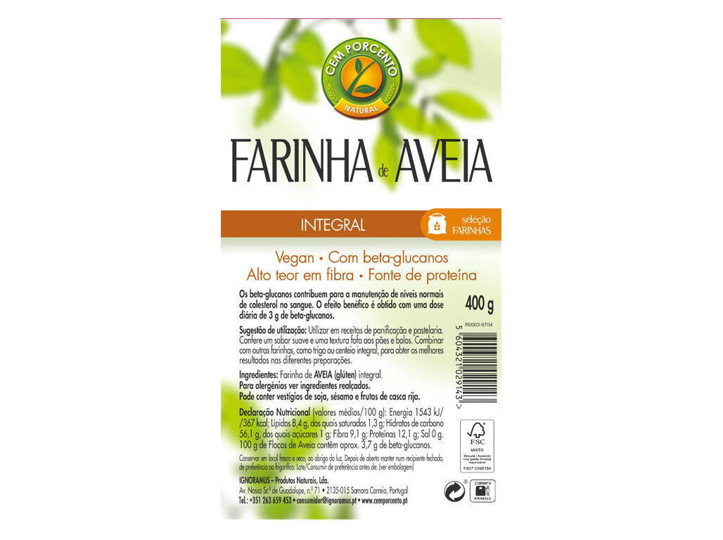 FARINHA CEM PORCENTO AVEIA INTEGRAL 400G image number 1