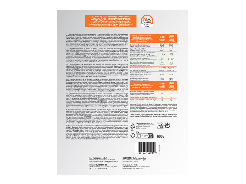 CRETAINA + GOLD NUTRITION CARBS MANGA LARANJA 600G image number 1