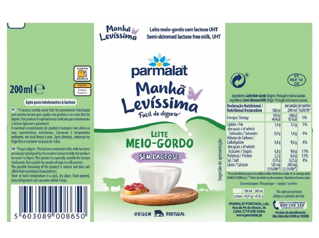 LEITE PARMALAT MANH&Atilde; LEVISSIMA MEIO GORDO 0% LACTOSE 3X200ML image number 1