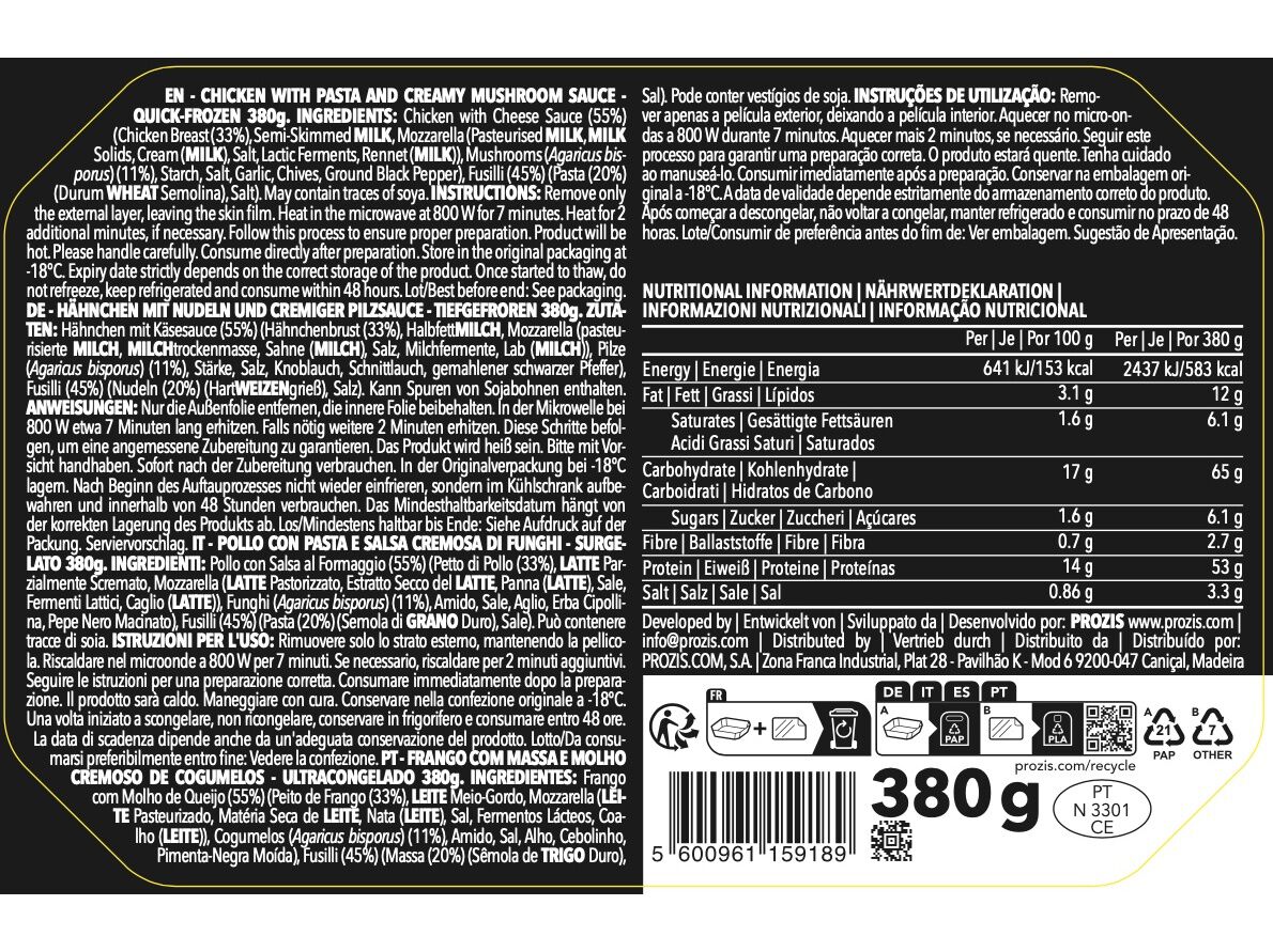 REFEI&Ccedil;&Otilde;ES PROTEICA PROZIS FRANGO MASSA COGUMELOS 380 G image number 1