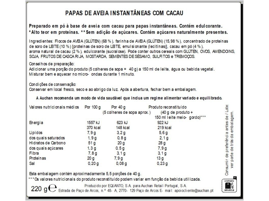 AVEIA AUCHAN EAT'N MOVE PROTEINS COM CACAU EM P&Oacute; 220G image number 1