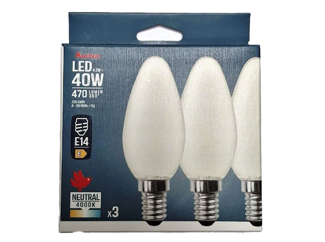 L&Acirc;MPADA VELA LED E14 AUCHAN 40W EQ LUZ BRANCA 3 UNIDADES