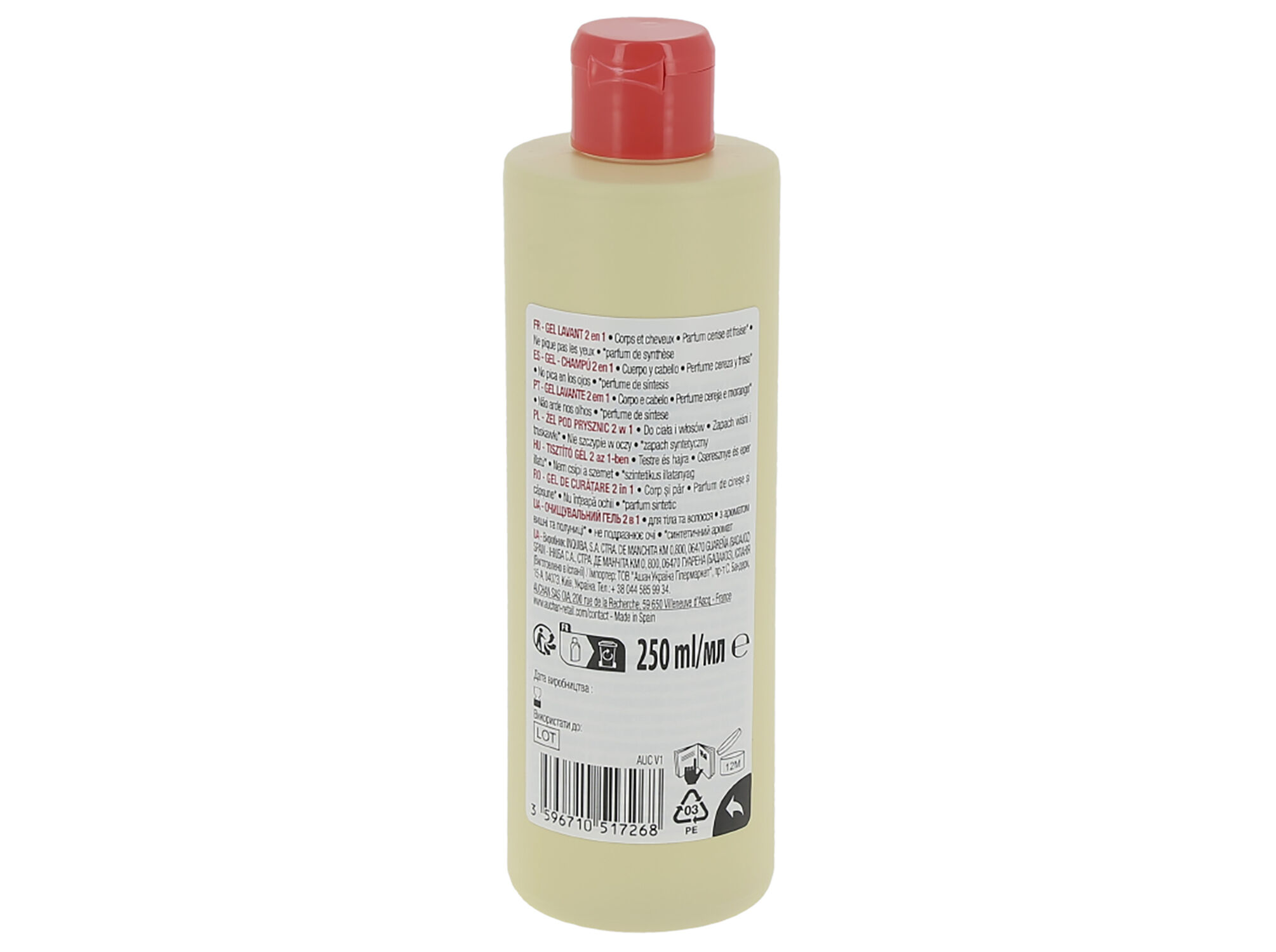 GEL DE BANHO AUCHAN KIDS 2EM1 CORPO E CABELO CEREJA E MORANGO 250ML image number 1