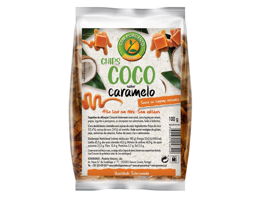 SNACKS CEM PORCENTO CHIPS COCO SABOR CARAMELO 100G