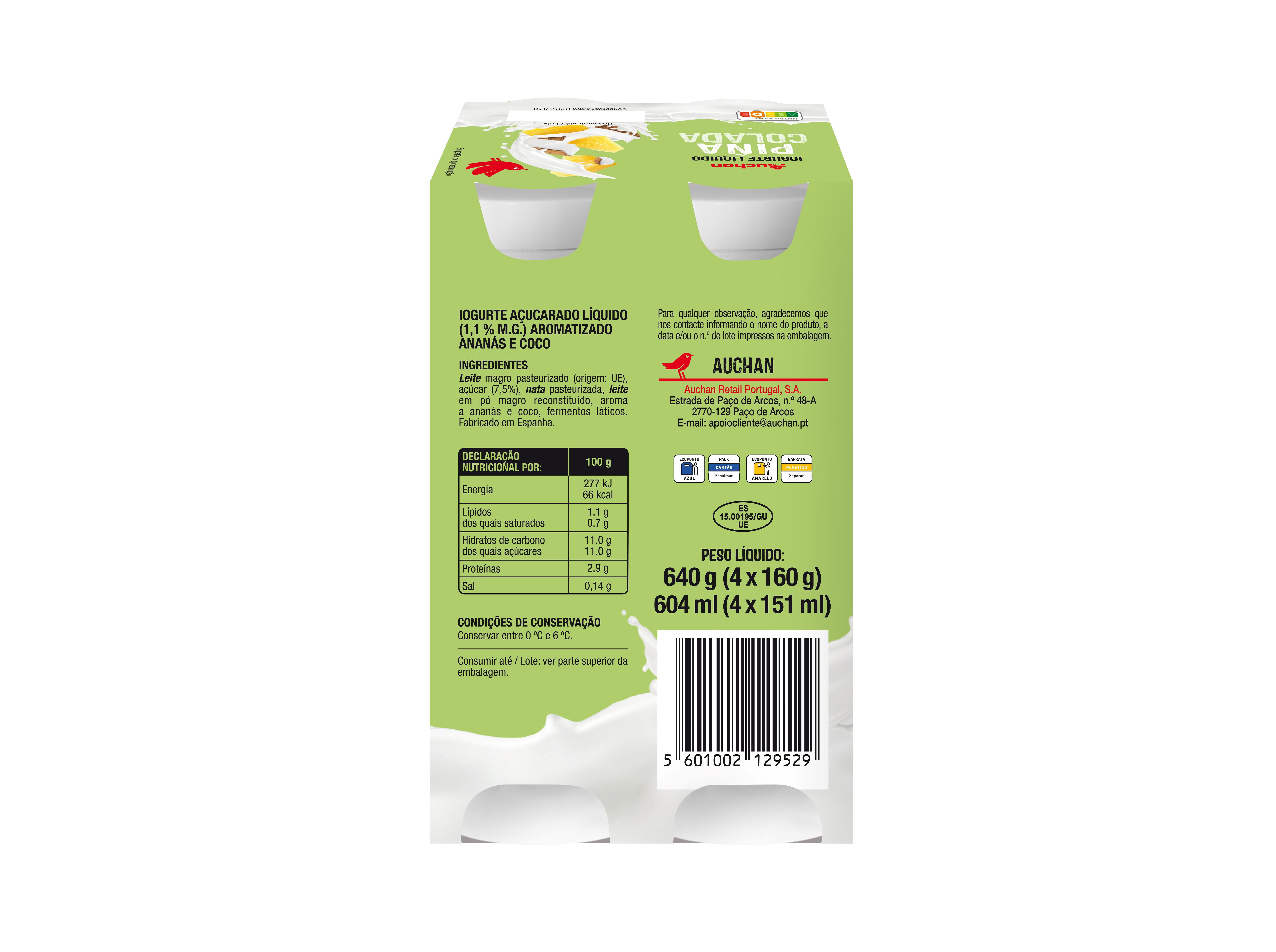 IOGURTE LIQUIDO AUCHAN PINACOLADA 4X160G image number 1
